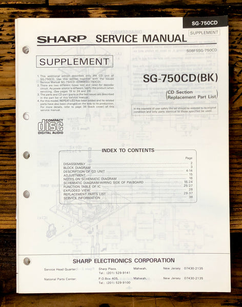 Sharp SG-750CD Radio / Stereo System Service Manual SUPP *Original*