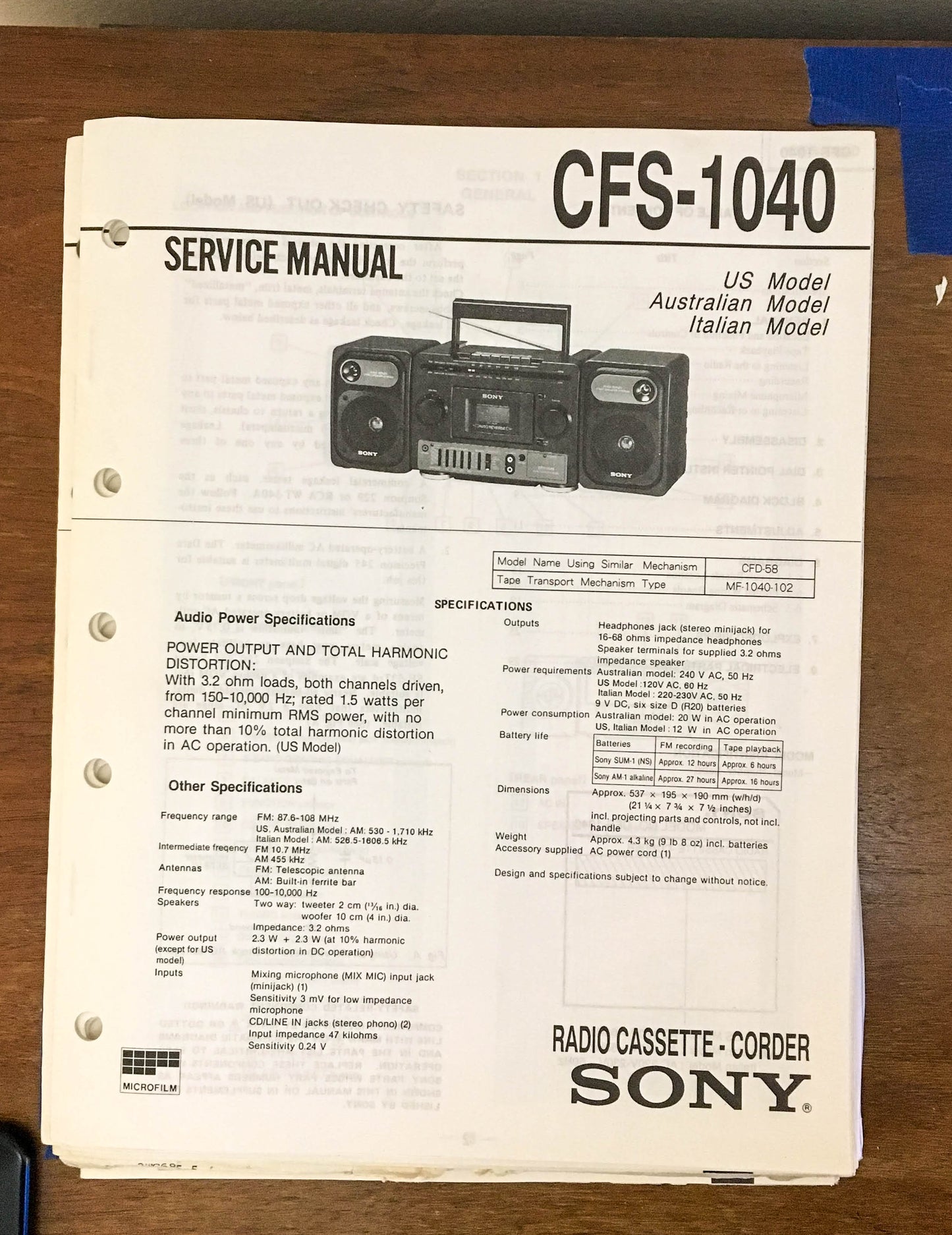 Sony CFS-1040 Radio Cassette Recorder / Boombox Service Manual *Original*