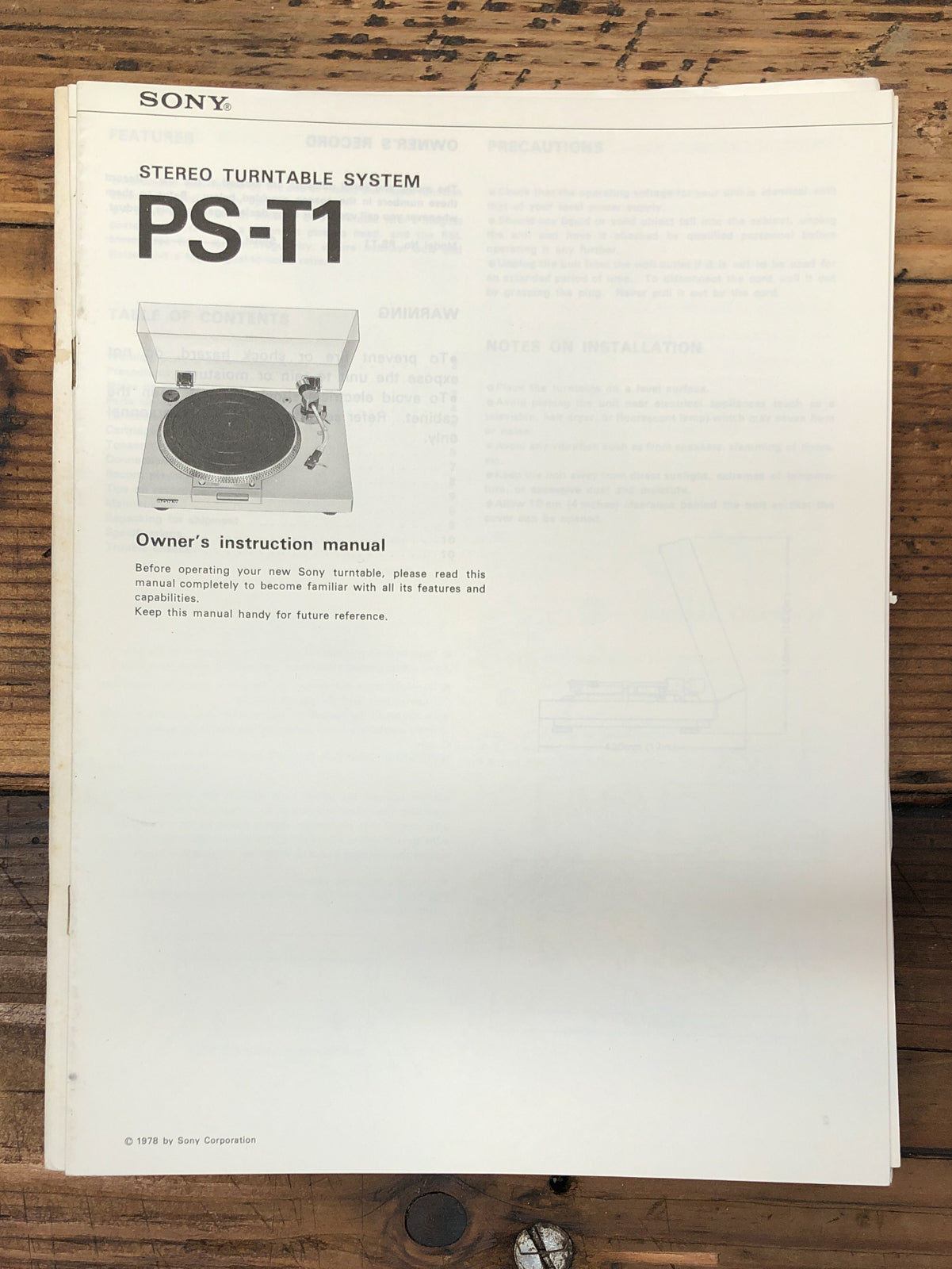 Sony PS-T1 Record Player / Turntable  Owner / User Manual *Original*