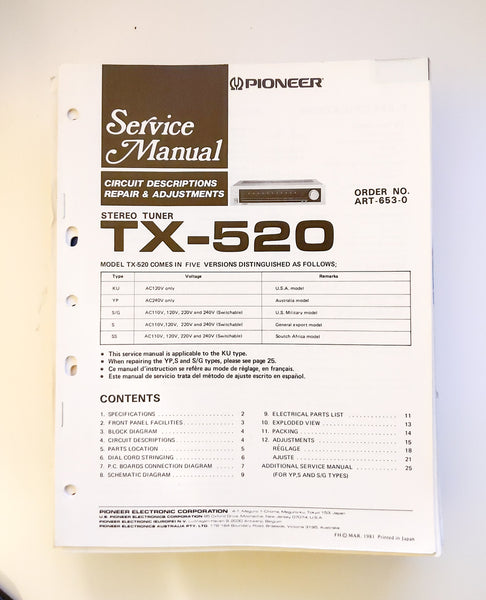 Pioneer TX-520 Tuner Service Manual *Original*