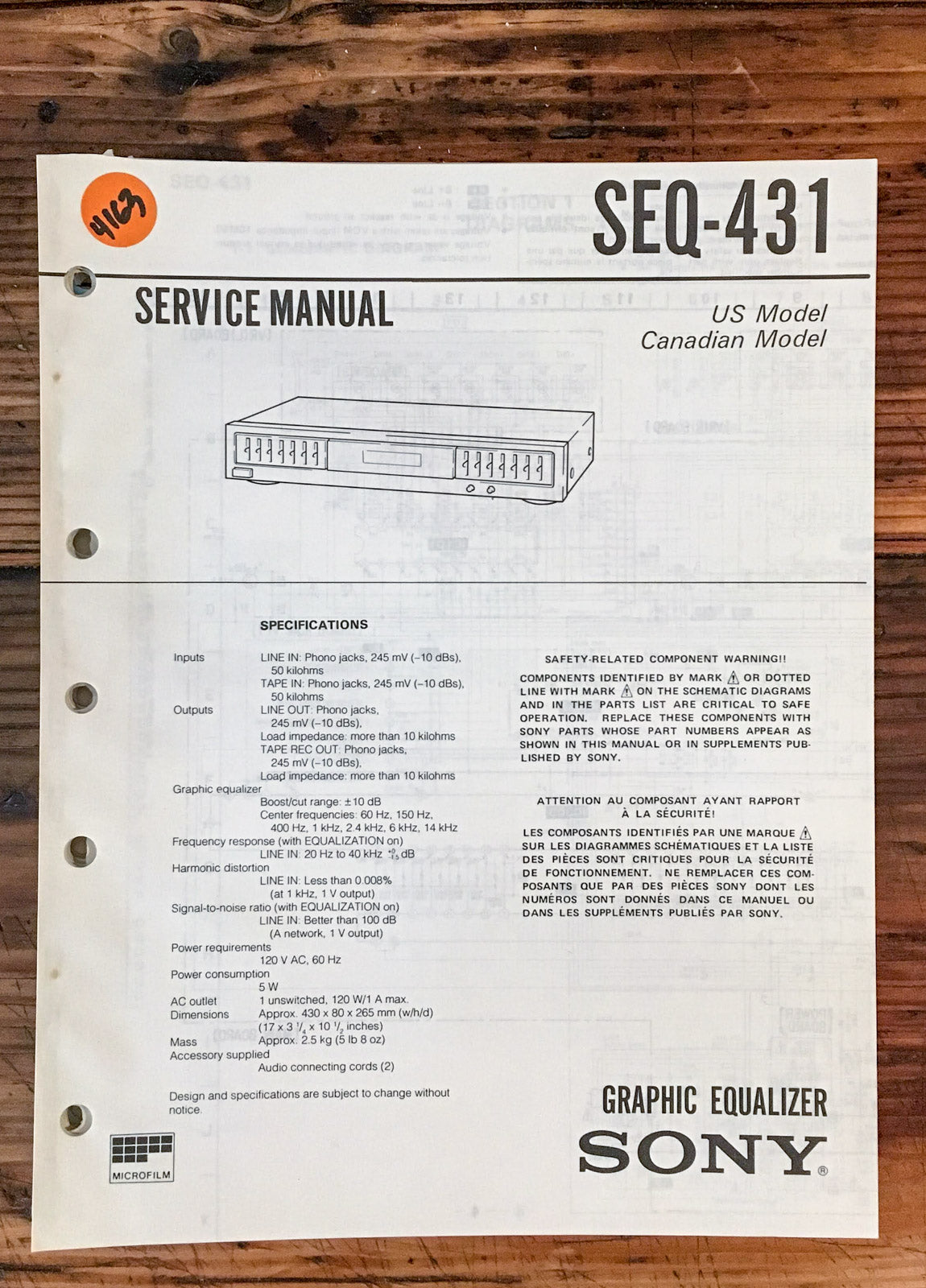 Sony SEQ-431 Graphic Equalizer  Service Manual *Original*