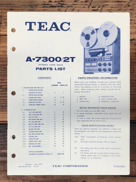 Teac A-7300 A-7300 2T Reel to Reel  Parts List Manual *Original*