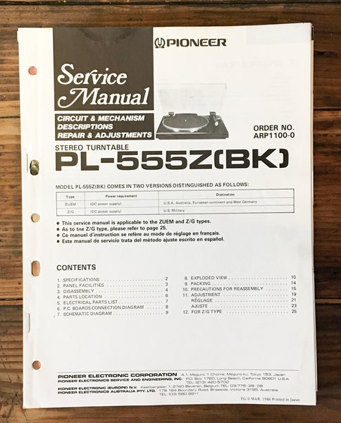 Pioneer PL-555Z Record Player / Turntable Service Manual *Original*