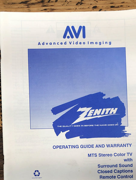 Zenith  Projection TV  Owner / User Manual *Original*