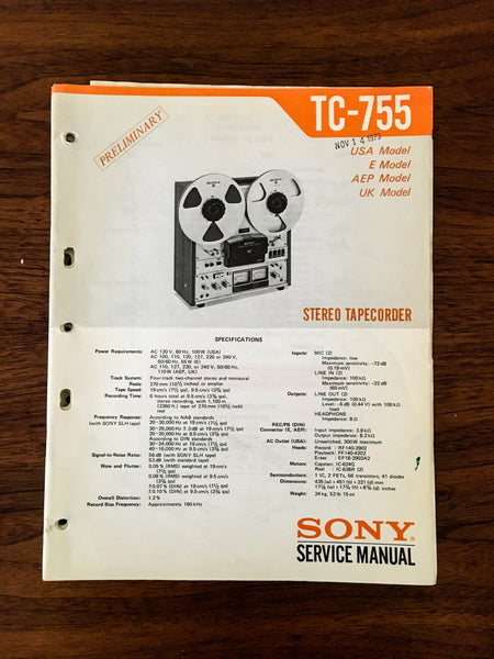 Sony TC-755 Reel to Reel Preliminary Service Manual *Original*