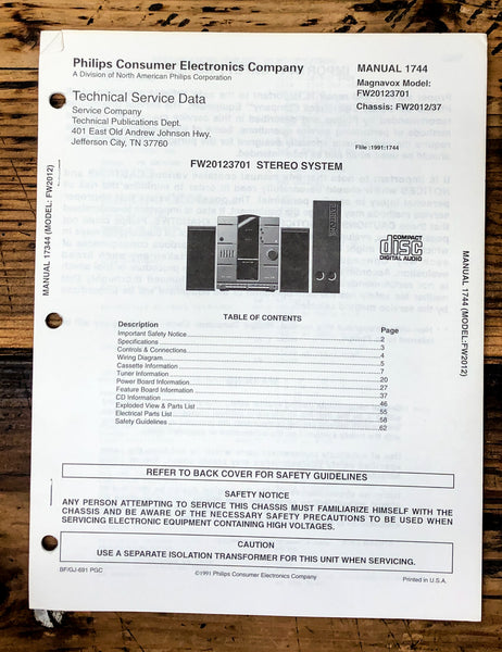 Magnavox Sylvania FW 2012 3701  Stereo Service Manual *Original*