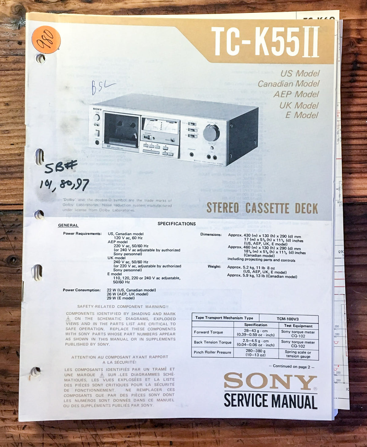 Sony TC-K55 II / 2 Cassette Deck  Service Manual *Original*