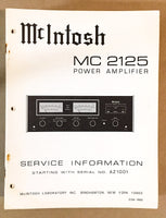 McIntosh MC2125 MC-2125 Amplifier Service Manual *Original*