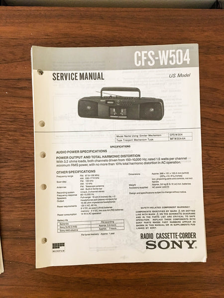 Sony CFS-W504 Boombox / Radio Service Manual *Original*