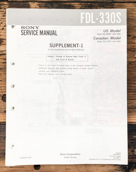 Sony FDL-330S TV Tuner Supp. Service Manual *Original* #1