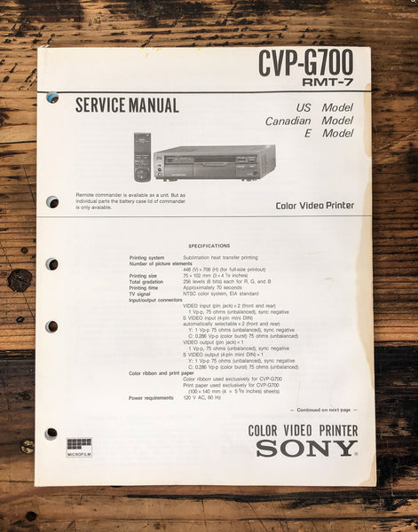 Sony CPV-G700 RMT-7 Color Video Printer  Service Manual *Original*