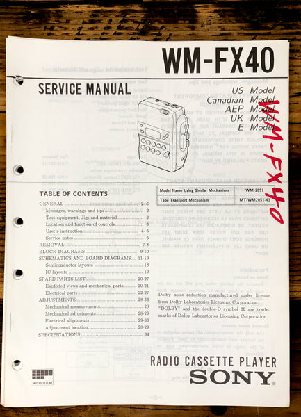 Sony WM-FX40 Radio Cassette  Service Manual *Original*