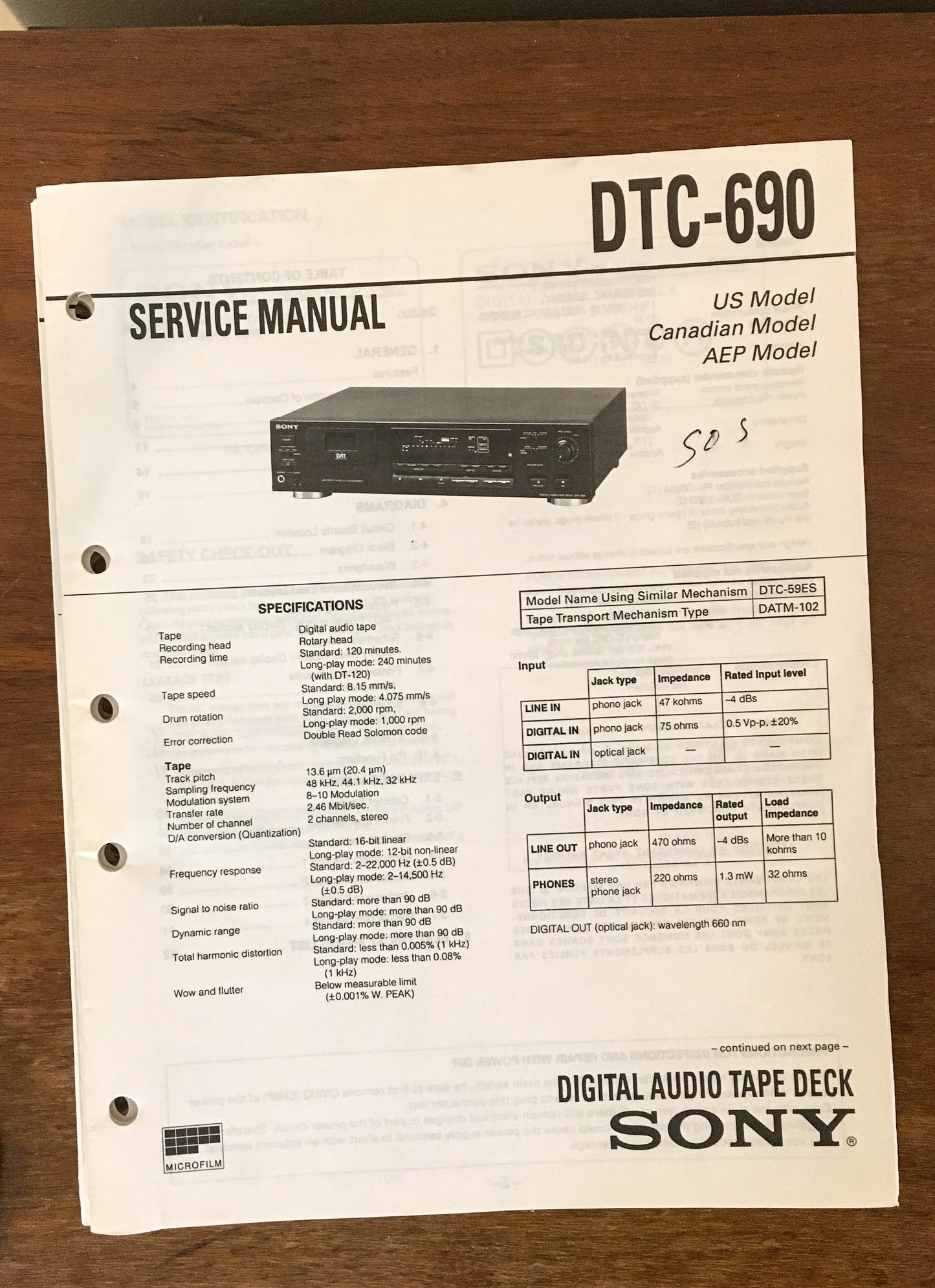 Sony DTC-690 DAT Tape Deck  Service Manual *Original*