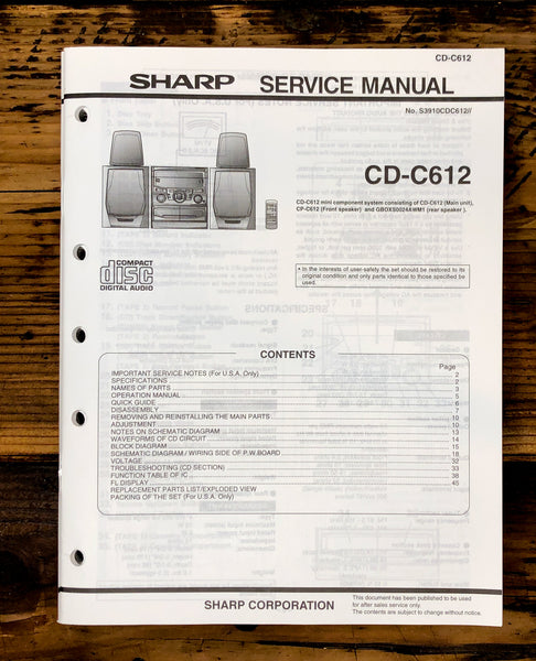 Sharp CD-C612 Stereo Service Manual *Original*