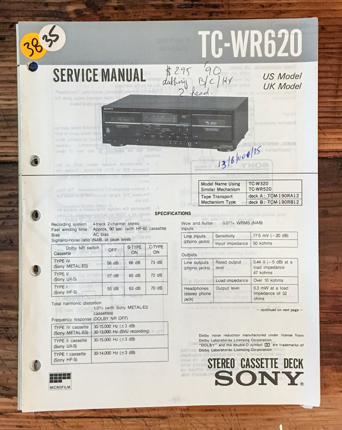 Sony TC-WR620 Cassette Deck  Service Manual *Original*