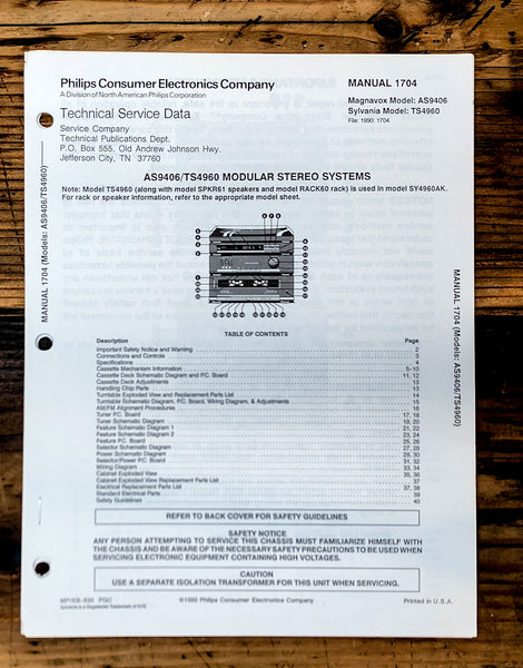 Magnavox / Sylvania AS9406 TS4960 Tuner  Service Manual *Original*