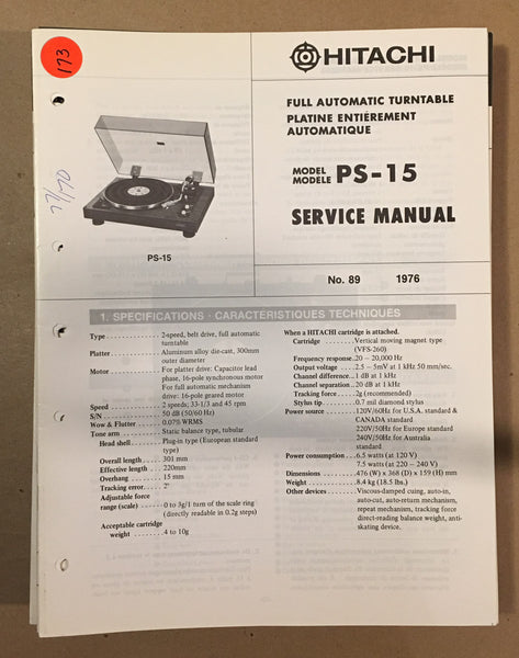 Hitachi PS-15 Record Player / Turntable  Service Manual *Original*