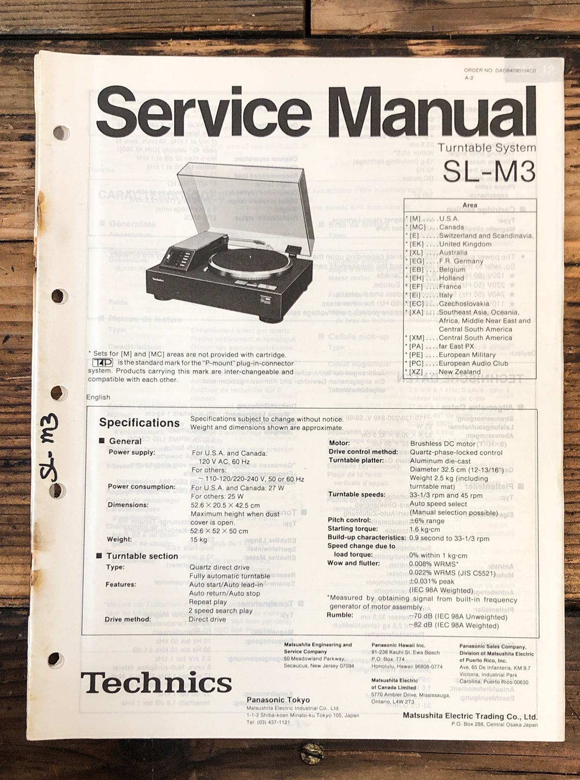 Technics SL-M3 Record Player / Turntable  Service Manual *Original*