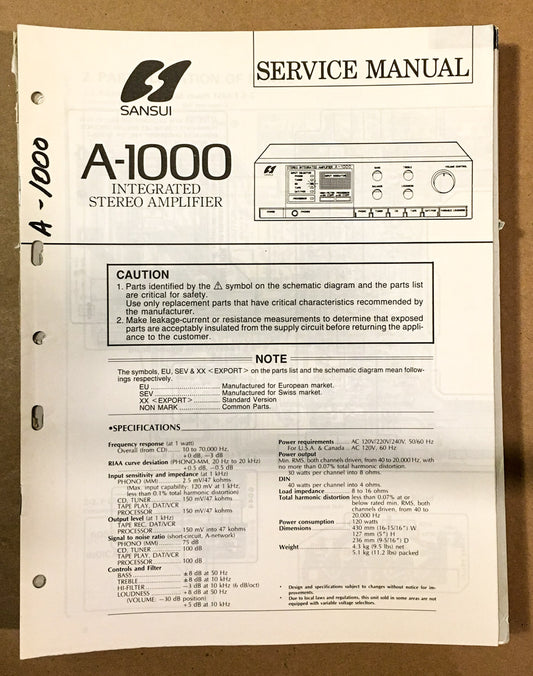 Sansui A-1000 Amplifier Service Manual *Original*
