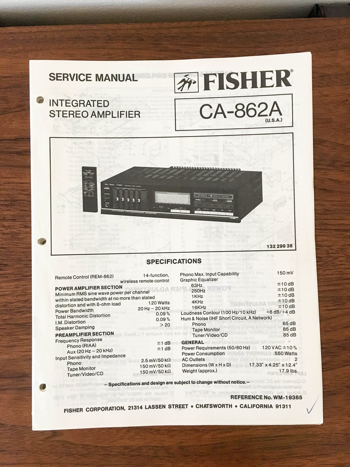 Fisher CA-862A Amplifier Service Manual *Original*