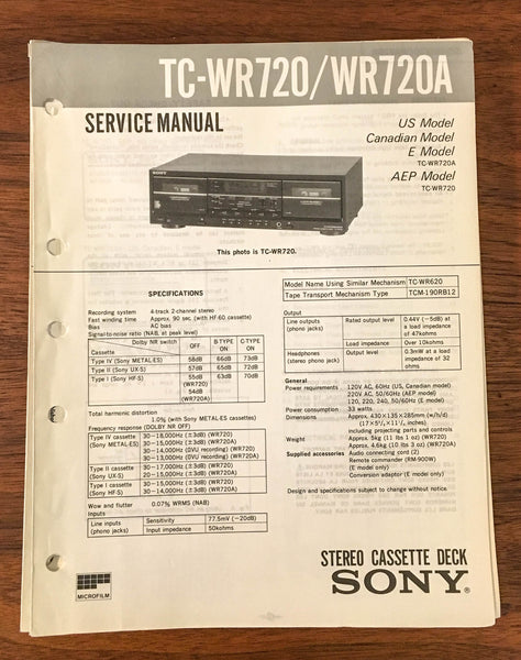 Sony TC-WR720 / TC-WR720A Tape Cassette Service Manual *Original*