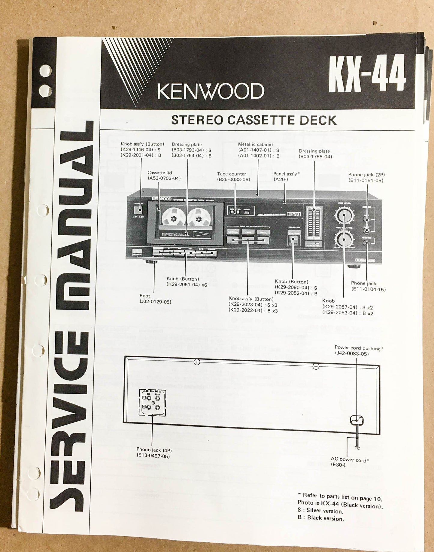 Kenwood KX-44 Cassette Tape Deck  Service Manual *Original*