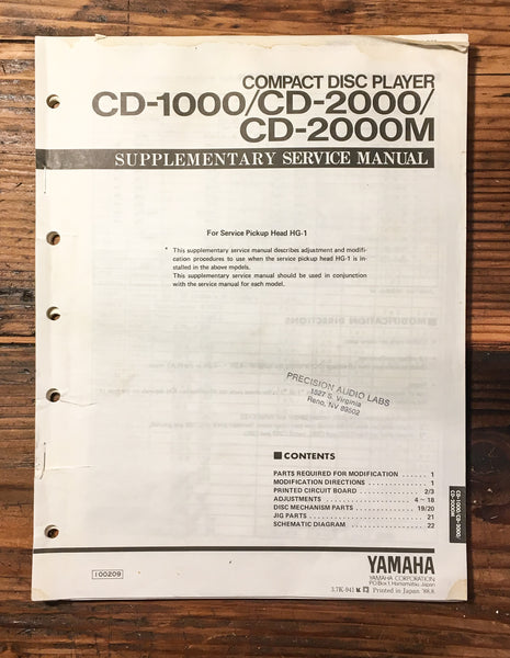 Yamaha CD-1000 CD-2000 CD-2000M CD Player  Supplementary Service Manual *Orig*