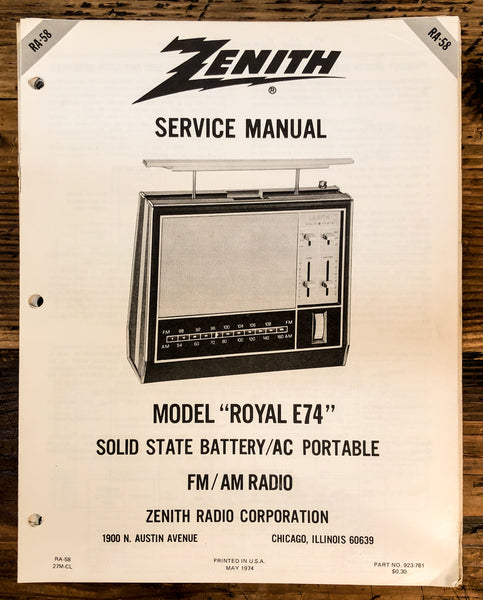 Zenith E74 Radio  Service Manual *Original*