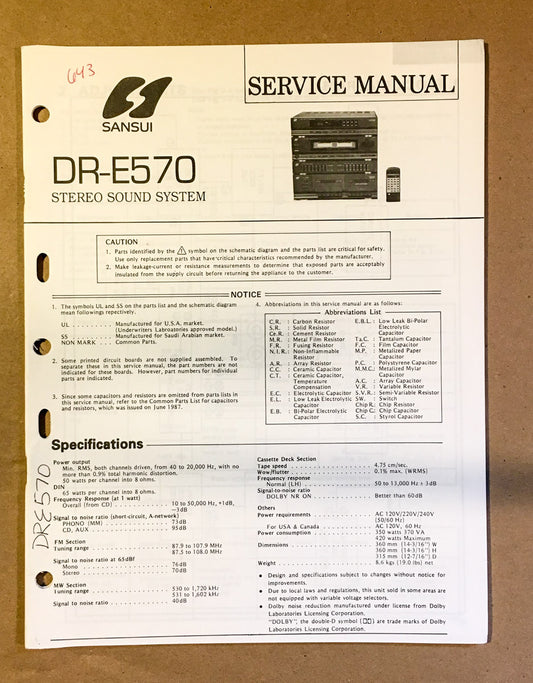 Sansui DR-E570 Stereo Service Manual *Original*