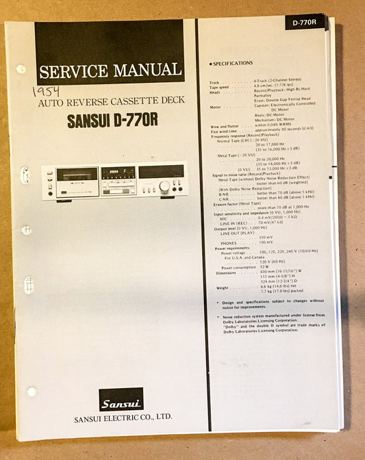 Sansui D-770R Cassette / Tape Player Service Manual *Original*