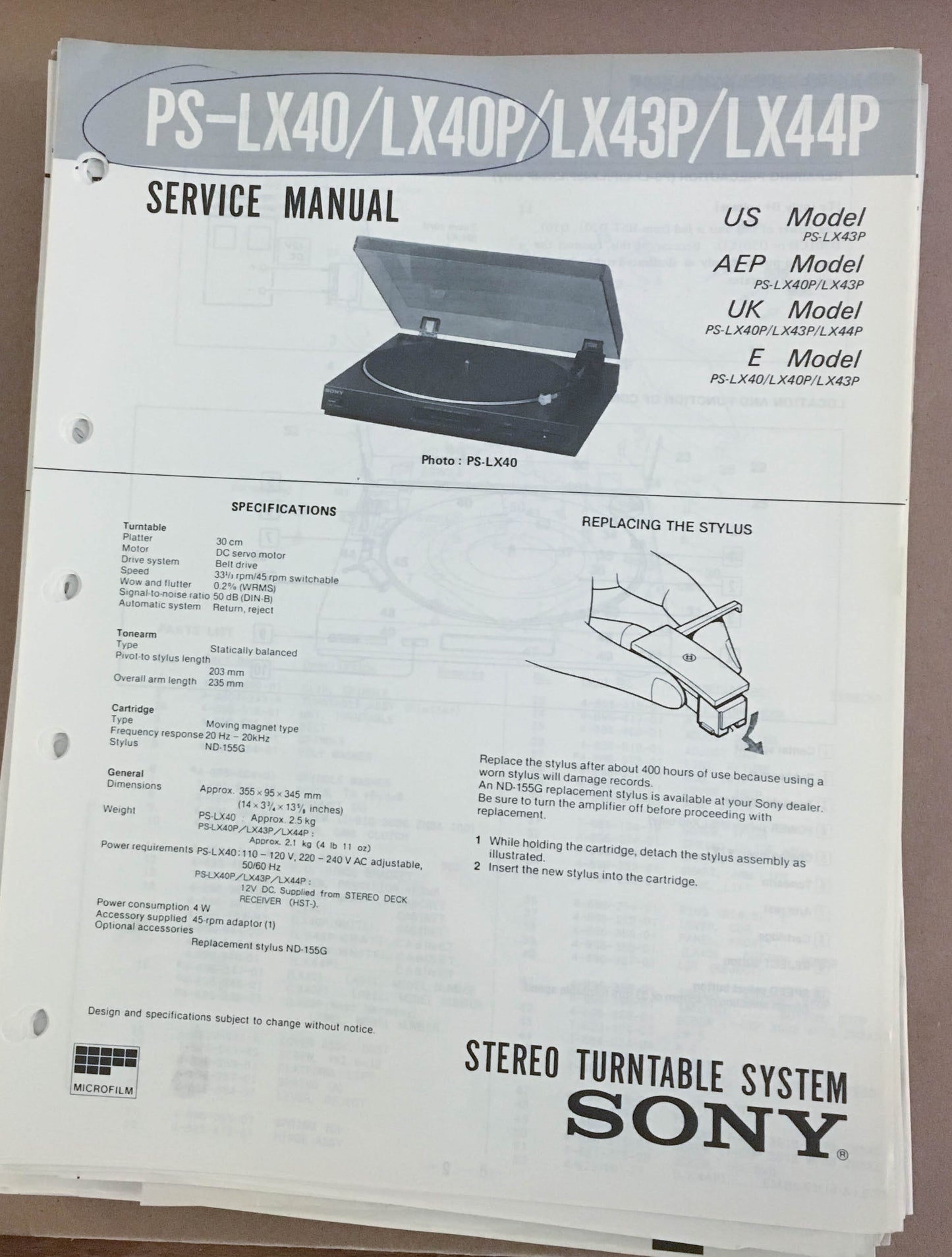 Sony PS-LX40 LX43P LX44P Turntable Record Player  Service Manual *Original*