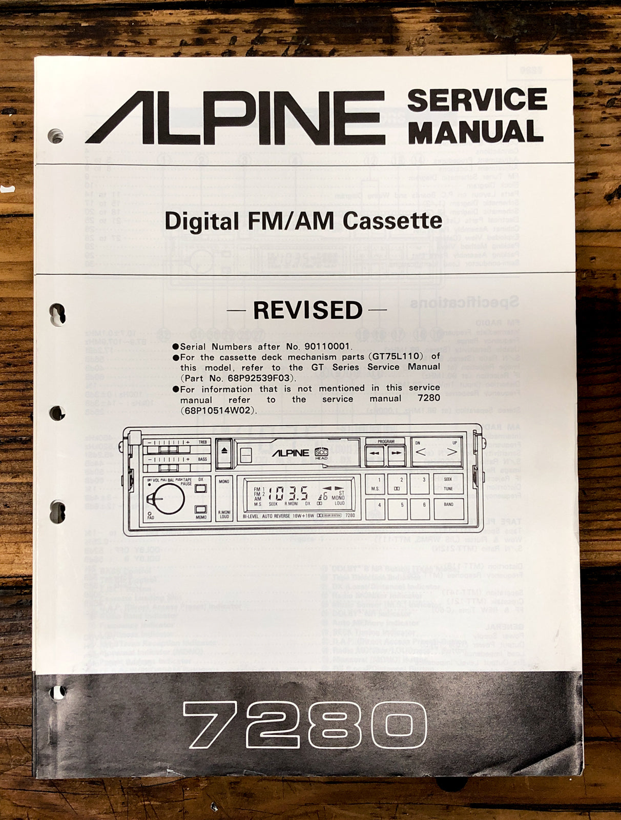 Alpine Model 7280 Car Stereo Revised Service Manual *Original*