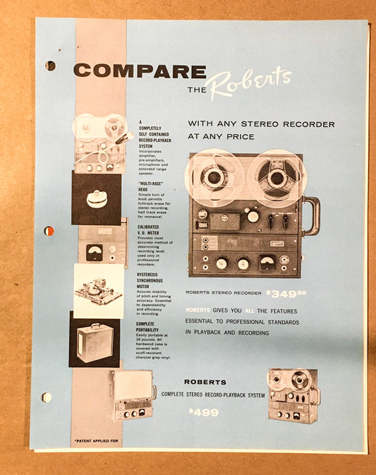 Roberts Reel to Reel Tape Recorder   Dealer Brochure *Original*