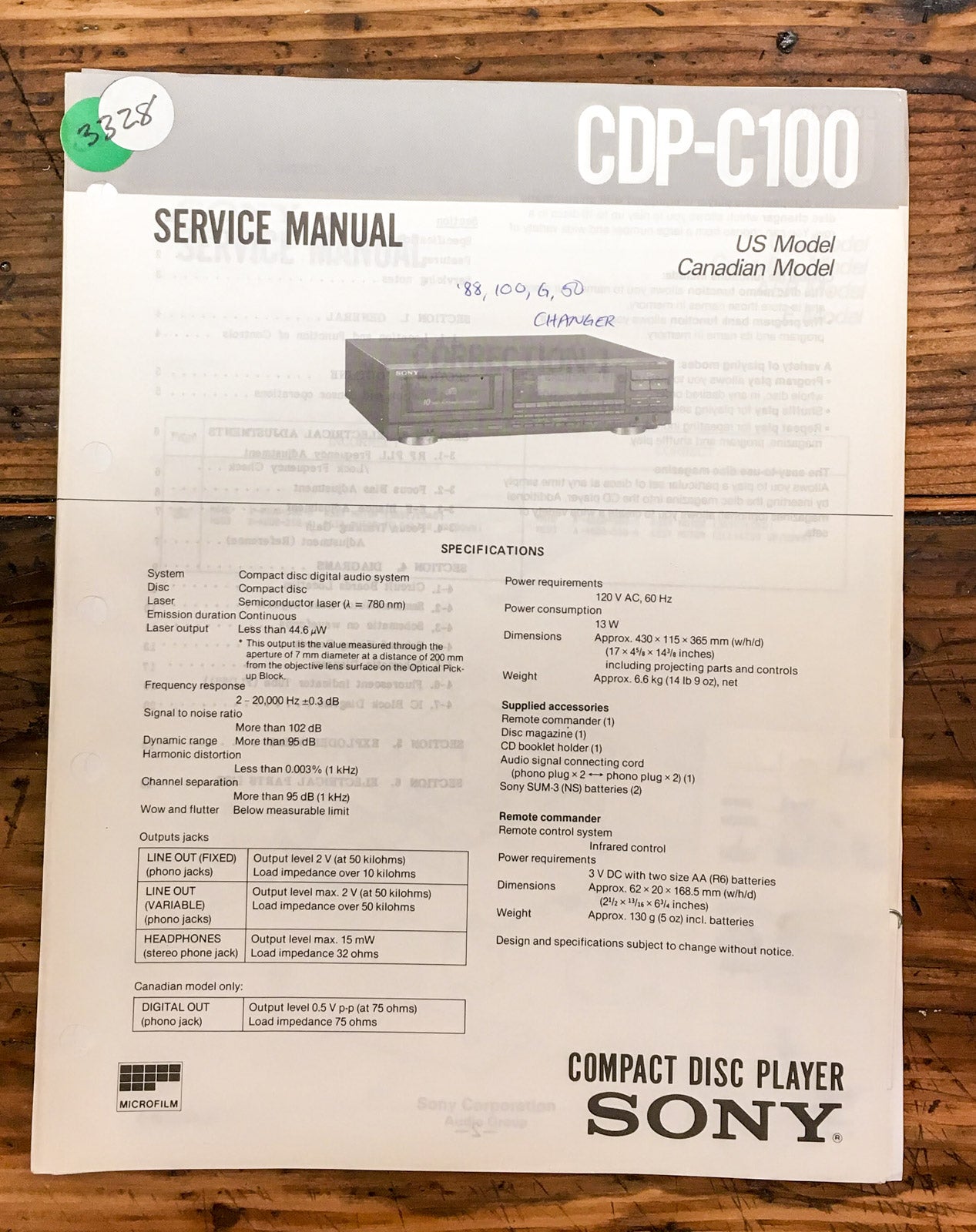 Sony CDP-C100 CD Player  Service Manual *Original*