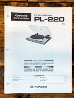 Pioneer PL-220 Record Player / Turntable  User / Owners Manual *Original*
