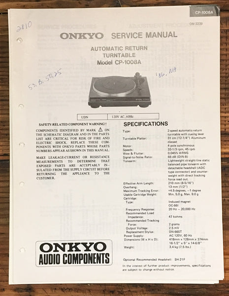 Onkyo CP-1008A Record Player / Turntable  Service Manual *Original*