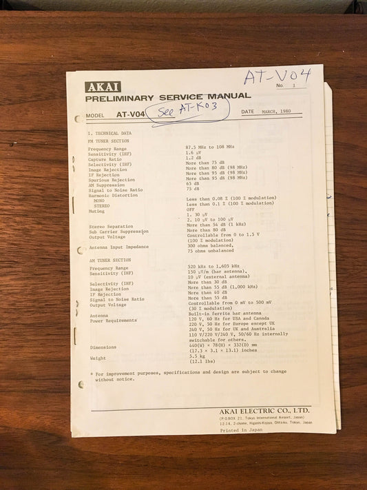 Akai AT-V04  Preliminary Manual *Original*