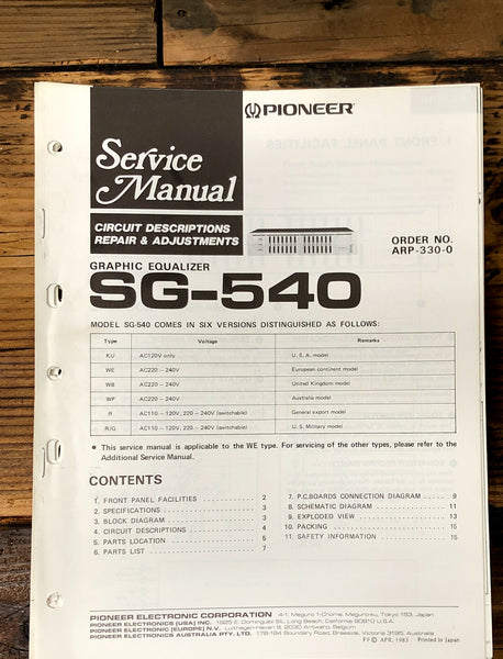 Pioneer SG-540 Equalizer  Service Manual *Original*