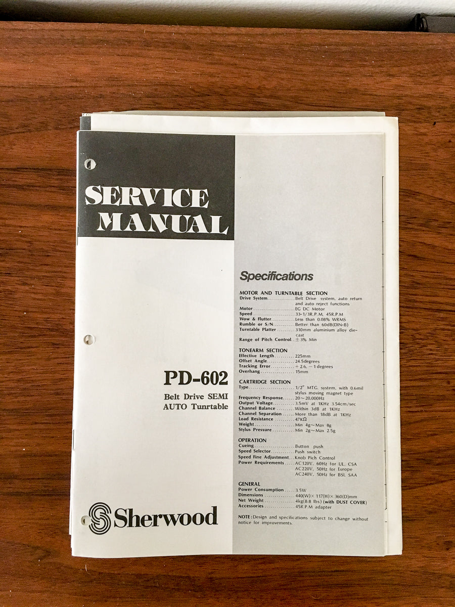 Sherwood PD-602 Record Player / Turntable Service Manual *Original*