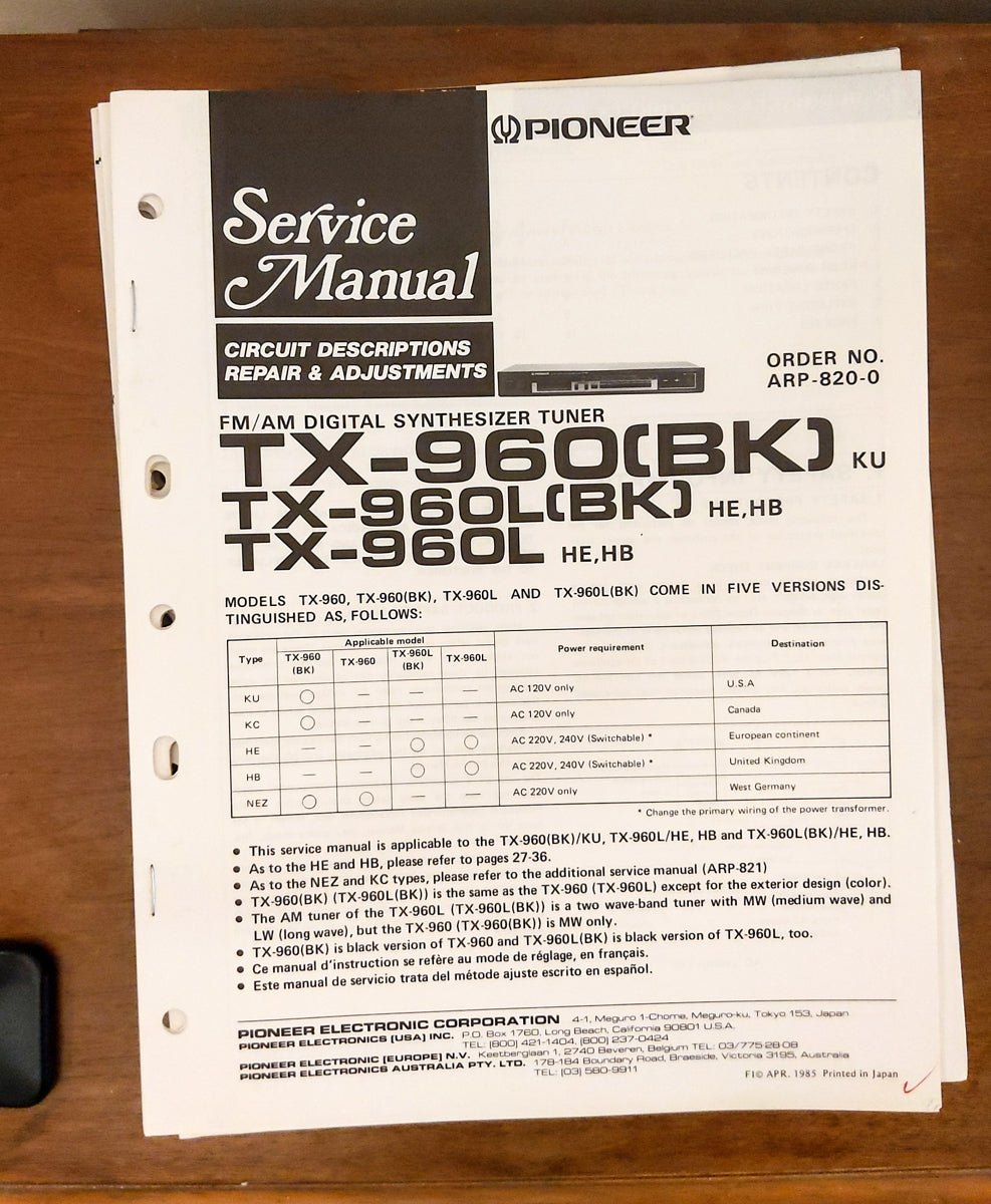 Pioneer TX-960 TX-960L Tuner Service Manual *Original*