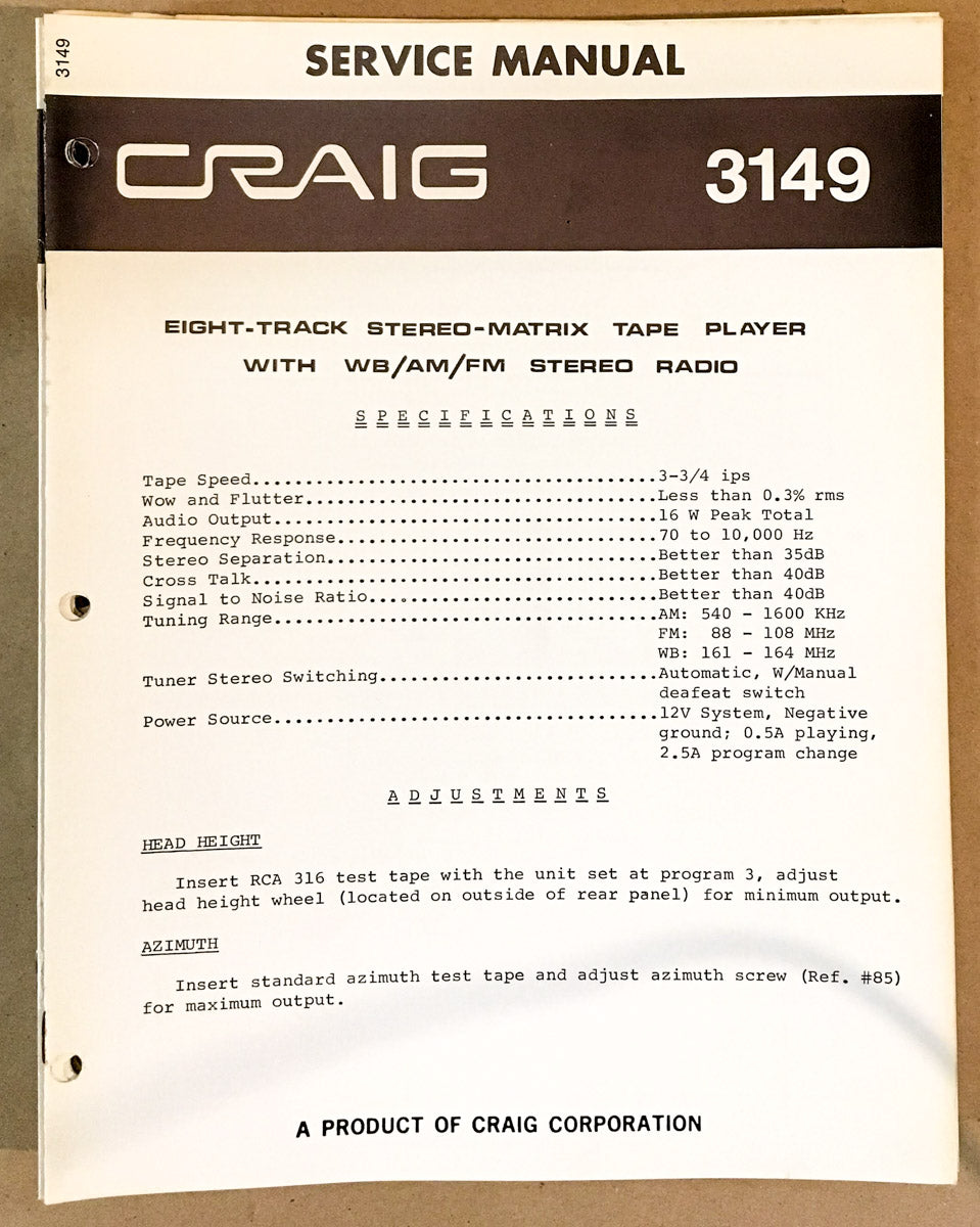 Craig Model 3149 8 Track Stereo Service Manual *Original*