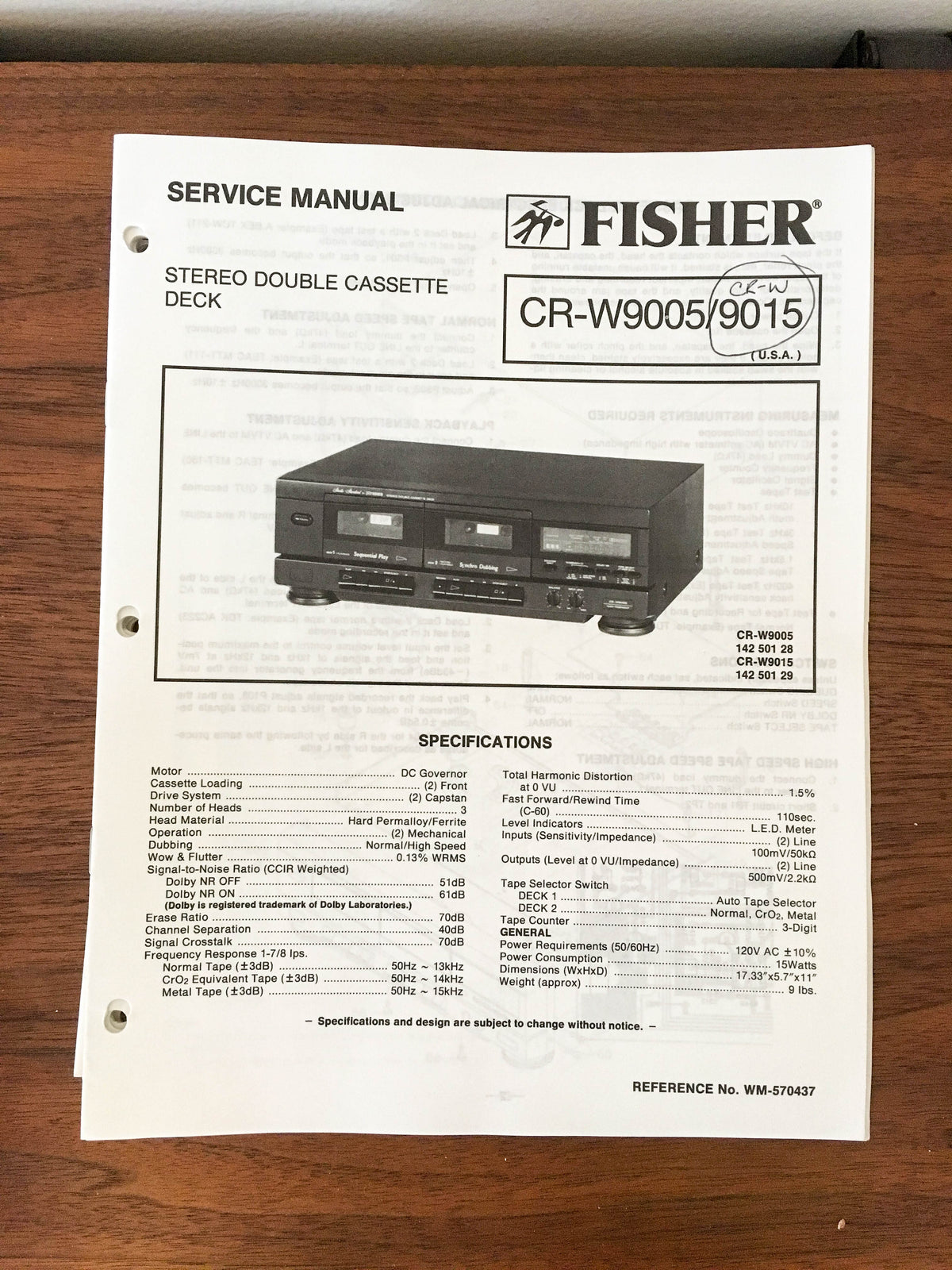 Fisher CR-W9005 CR-W9015 Cassette Service Manual *Original*
