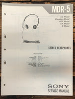 Sony MDR-5 Headphones  Service Manual *Original*