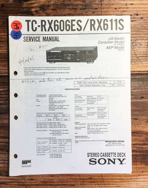 Sony TC-RX606ES TC-RX611ES Cassette  Service Manual *Original*