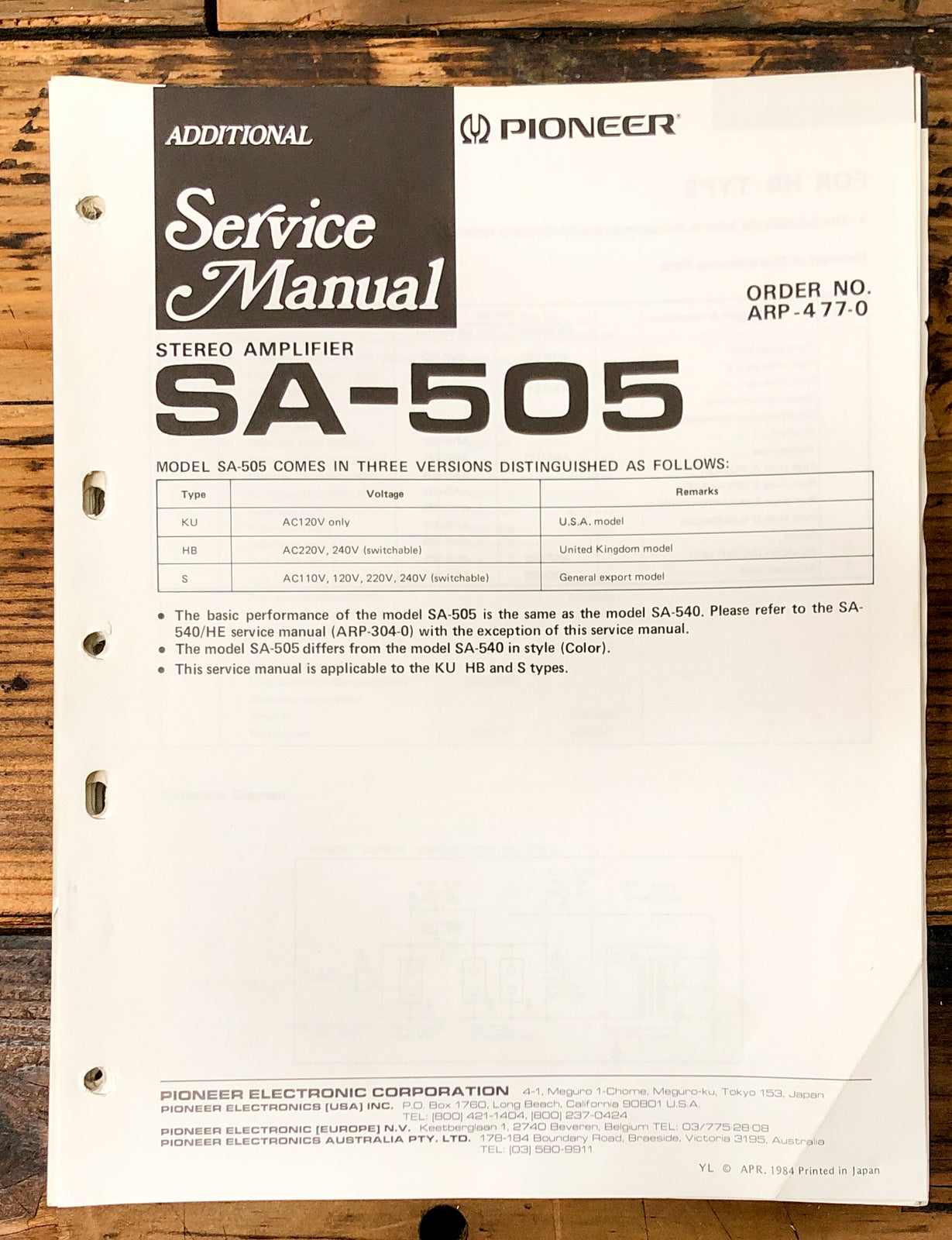 Pioneer SA-505 Amplifier Add. Service Manual *Original*