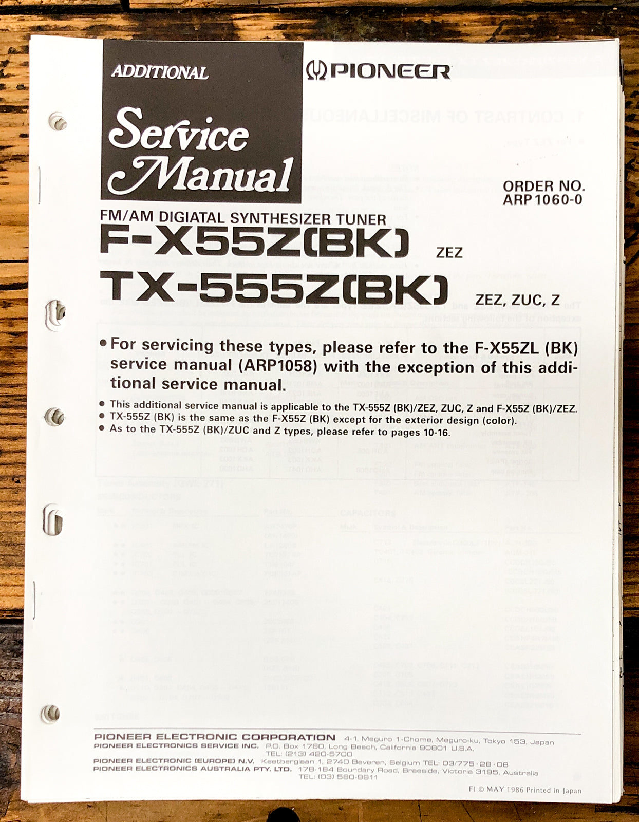 Pioneer F-X55Z TX-555Z Tuner Add. Service Manual *Original*