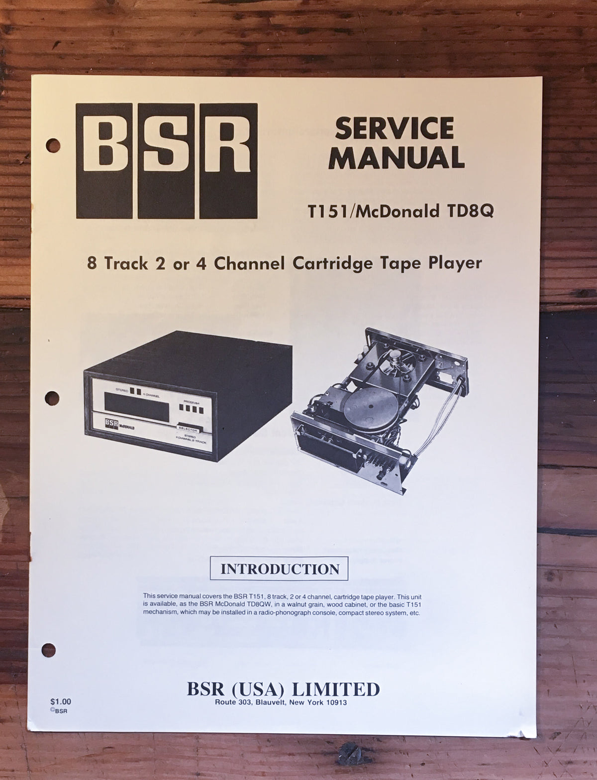 BSR McDonald T151 TD8Q 8 Track Player Service Manual *Original*