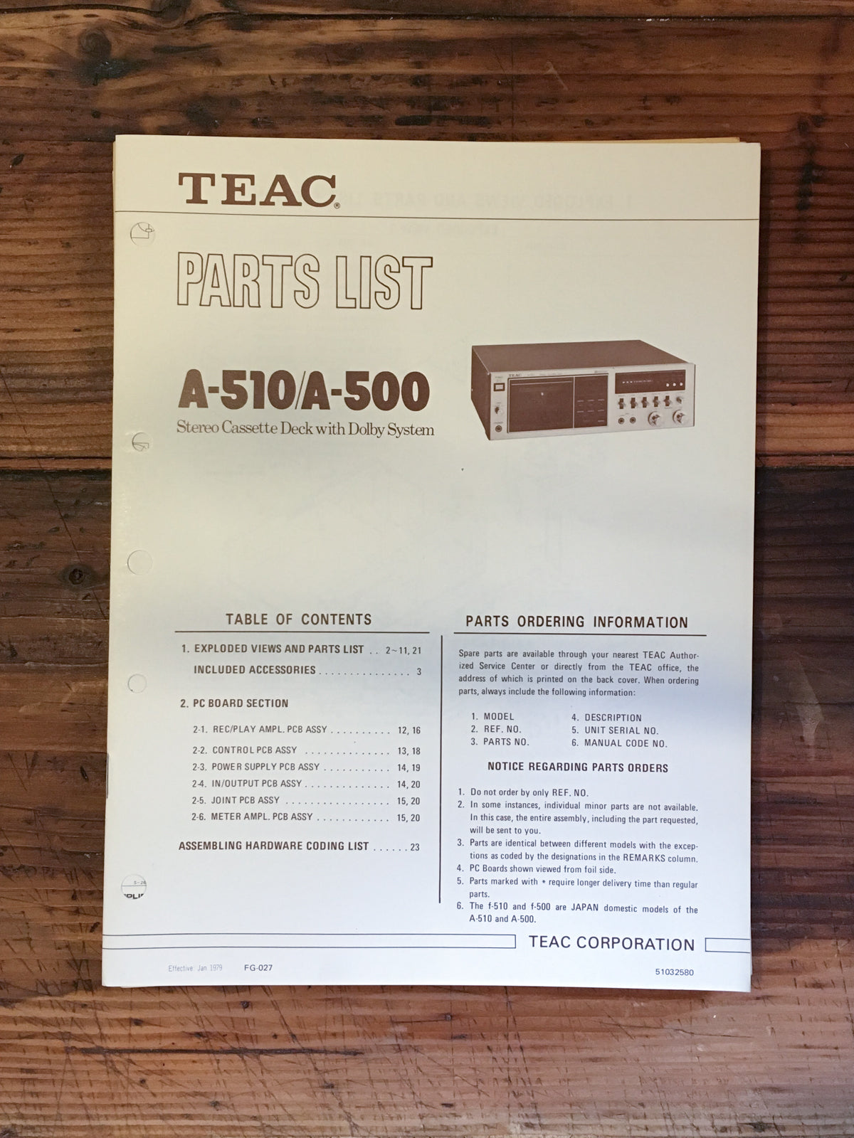 Teac A-500 A-510 Cassette Parts List Manual *Original*