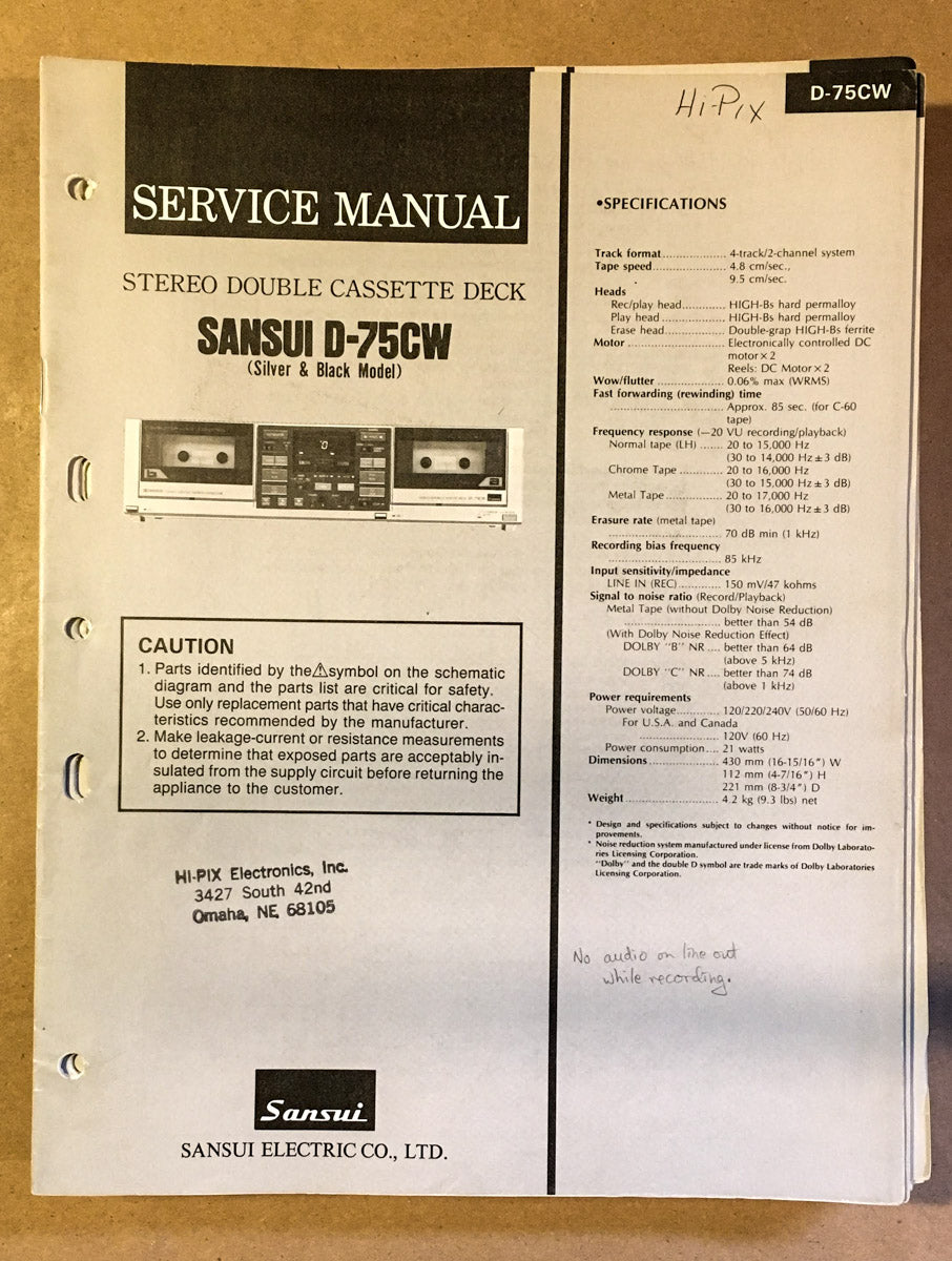 Sansui D-75CW Cassette / Tape Player Service Manual *Original* #1