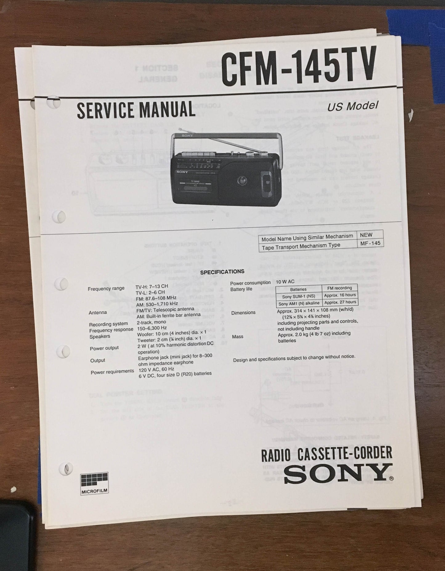 Sony CFM-145TV Radio Cassette Recorder Service Manual *Original*